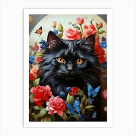 Black Cat With Butterflies 1 Art Print