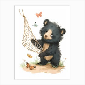 Sloth Bear Cub Playing With A Butterfly Net Storybook Illustration 4 Art Print