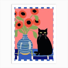 Black Cat With A Vase With Poppies Illustration Art Print