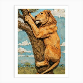 African Lion Relief Illustration Climbing A Tree 4 Art Print