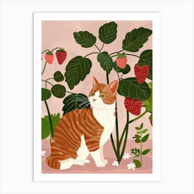 Cat And Strawberries 2 Art Print