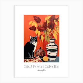 Cats & Flowers Collection Amaryllis Flower Vase And A Cat, A Painting In The Style Of Matisse 0 Art Print