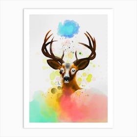 Embracing The Battle - Vibrant Deer Portrait with Colorful Ink Splashes Art Print