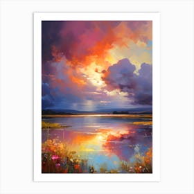 Abstract Colorful Flowers Lake Clouds Sunset Art Print