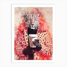 Leopard With Coffee Art Print