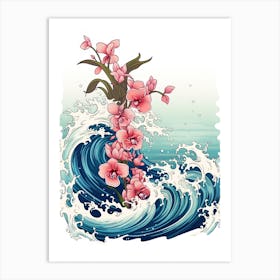 Great Wave With Orchid Flower Drawing In The Style Of Ukiyo E 4 Art Print