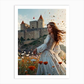 Beautiful Girl In A White Dress In A Field Of Flowers Art Print