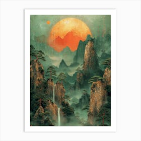 Asian Landscape in green orange Art Print