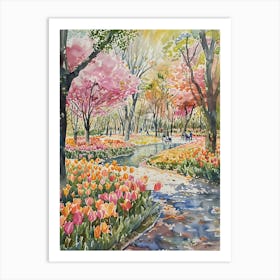 Colorful Tulips Park Watercolor Wall Art Print