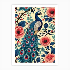 Vintage Floral & Pink Peacock Wallpaper Art Print