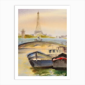 Boats In Paris watercolor Art Print