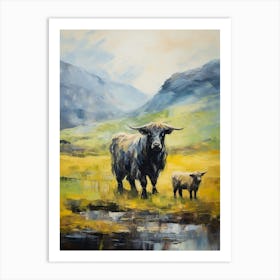 Black Bull & Baby By The Stream In The Highlands Impressionism Style Art Print