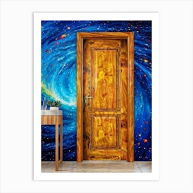 Oil Painting Of A Wooden Door Ajar Revealing A Spiraling Galaxy Contrasted Against A Wall Adorned (1) Art Print