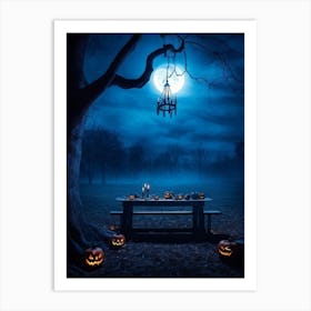 Celebration Old Horror Holiday Tree Moonlight Lantern Mist Head Table Eye Glow Pumpkin (21) Art Print