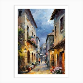 A painting of a street in a small town, a fine art painting, by Bernard D’Andrea, trending on cg society, josephine wall and pino daeni, beautiful painting of a tall, garmash, cinq terre, lourmarin, spring evening, in an alley, painted with a thin brush, raphaël, 2 Art Print
