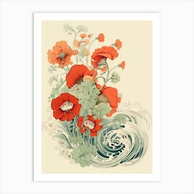 Great Wave With Nasturtium Flower Drawing In The Style Of Ukiyo E 1 Art Print