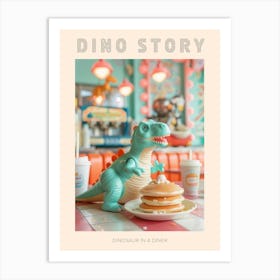 Pastel Toy Dinosaur Eating Pancakes In A Diner Poster Art Print