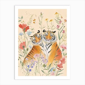 Folksy Floral Animal Drawing Tiger 2 Art Print