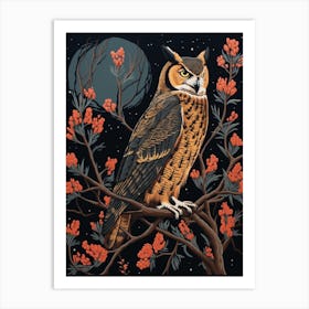 Vintage Bird Linocut Great Horned Owl 1 Art Print