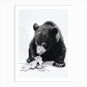 Malayan Sun Bear Cub Playing With A Fallen Leaf Ink Illustration 1 Art Print