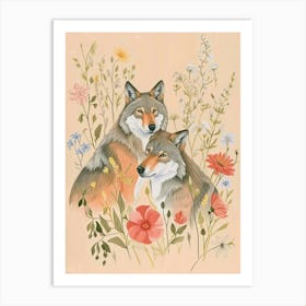 Folksy Floral Animal Drawing Wolf 5 Art Print