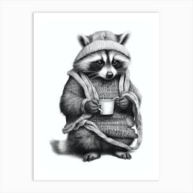 Raccoon Knitting Illustration  Art Print