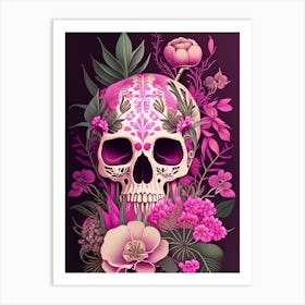 Skull With Mandala Patterns 3 Pink Botanical Art Print