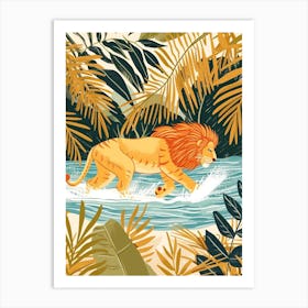 African Lion Crossing A River Illustration 4 Art Print