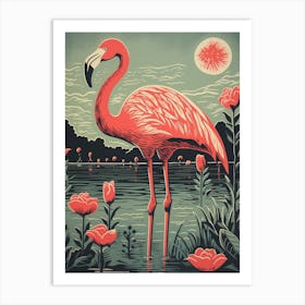 Vintage Bird Linocut Flamingo 5 Art Print