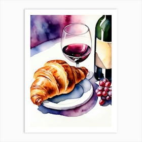 Croissant and Wine watercolor painting 7 Art Print