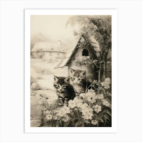 Sepia Drawing Of Kittens With A Medieval Village 2 Art Print