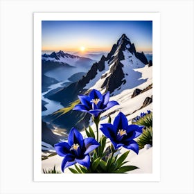 Flowers Nature Blue Petals Sunrise Snow Mountains Landscape Art Print