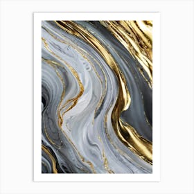 Abstract Marble Artwork Featuring Sinuous Gold And Silver Waves Flowing Amidst A Swirling Ocean Of V (1) Art Print