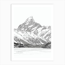 Aoraki Mount Cook New Zealand Line Drawing 5 Art Print