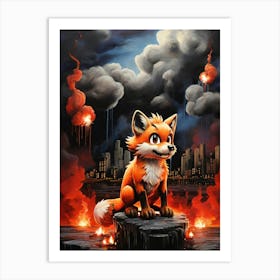 Fox In Flames painting Art Print