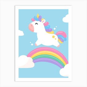 Unicorn, Jumping, Rainbow, Clouds, Children's, Bedroom, Nursery, Cot, Art, Wall Print Art Print