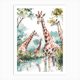 Giraffes Looking Into The Watering Hole 1 Art Print