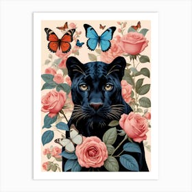 Black Panther With Roses and butterflies Art Print