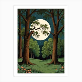 William Morris Style Full Moon In The Forest Art Print