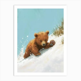Brown Bear Cub Sliding Down A Snowy Hill Storybook Illustration 4 Art Print