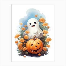 Cute Ghost With Pumpkins Halloween Watercolour 141 Art Print