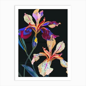 Neon Flowers On Black Iris 1 Art Print