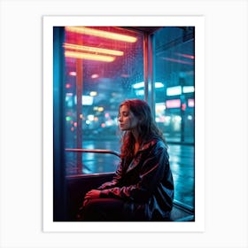 Pensive Woman Seated Inside A Wet Bus Shelter Evening Ambience Subtle Reflections On Glass Neon L Poster