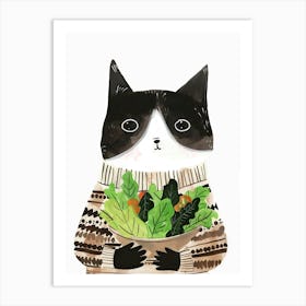 Black And White Cat Eating Salad Folk Illustration 4 Art Print