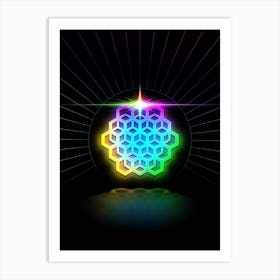 Neon Geometric Glyph in Candy Blue and Pink with Rainbow Sparkle on Black n.0008 Art Print