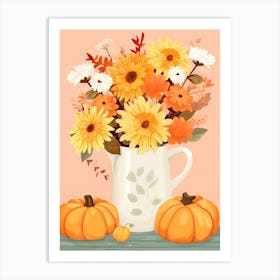 Pitcher With Sunflowers, Atumn Fall Daisies And Pumpkin Latte Cute Illustration 11 Art Print