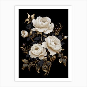 White Roses On Black Background Art Print