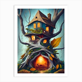 Autumn Enchantment, Gnome House in the Ancient Forest Art Print