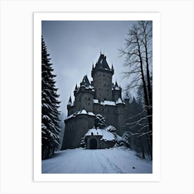 Castle In The Snow Blood Moon Over The Romanian Wilds Art Print