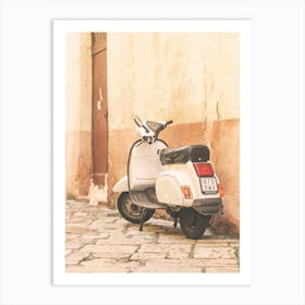 Puglia, Italy I Vintage retro scooter vespa in the summer pastel yellow aesthetic streets in Tuscany in a village with the architecture photography of the Italian countryside to experience la dolce vita Art Print